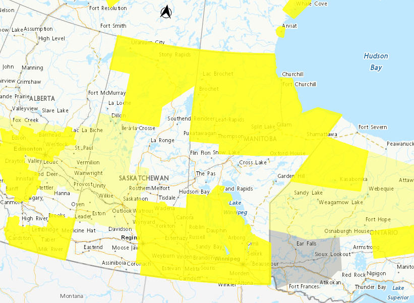 A map of the prairie provinces. many areas are highlighted in yellow